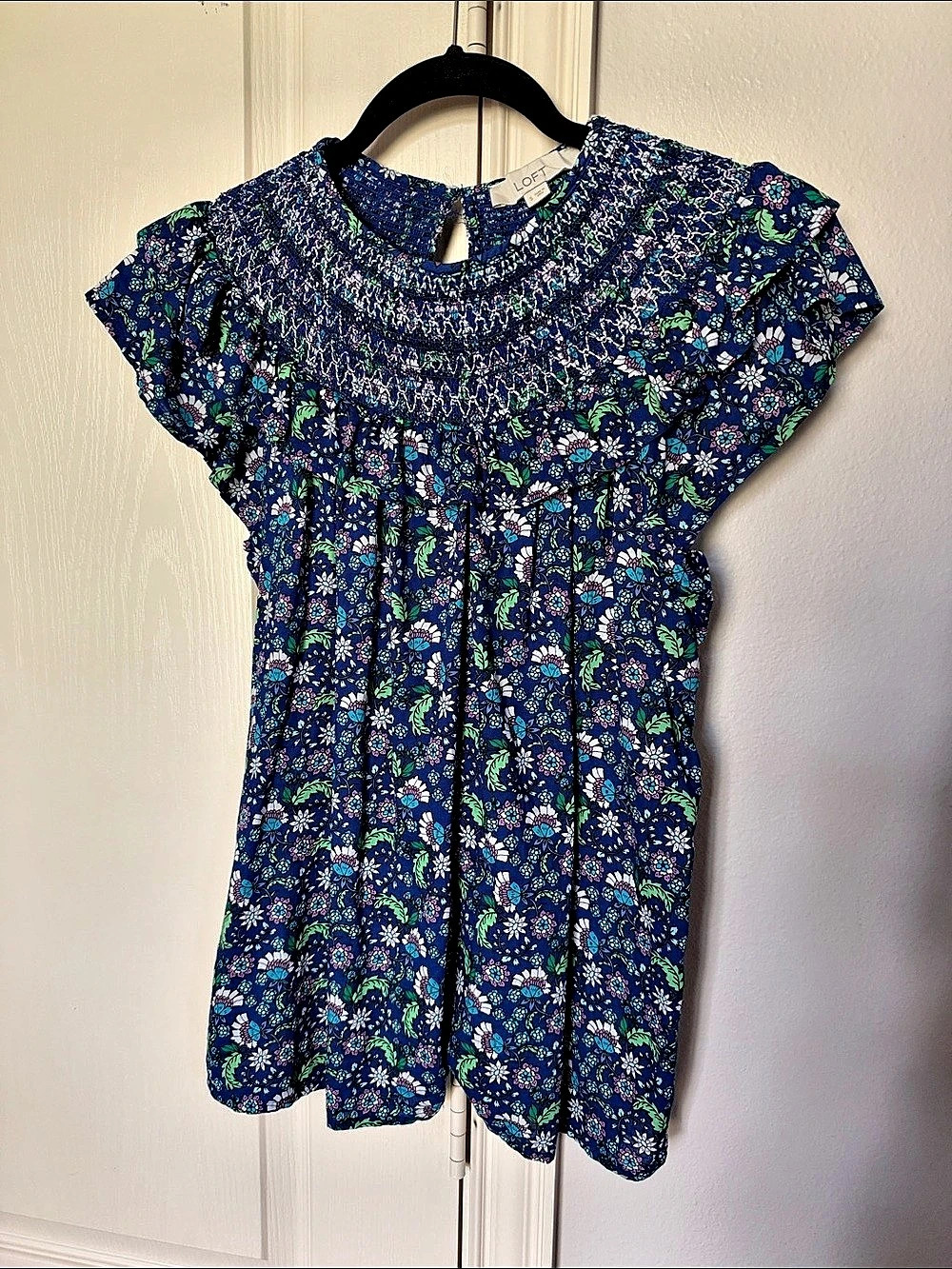 LOFT Smocked Floral Ruffle Flutter Sleeve Top Mini Dress Blue & Green Small